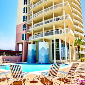 View La Playa Condominiums and pool in Pensacola Beach, FL