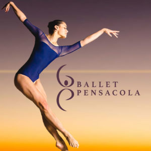 A Ballerina jumping in the air and the Ballet Pensacola logo