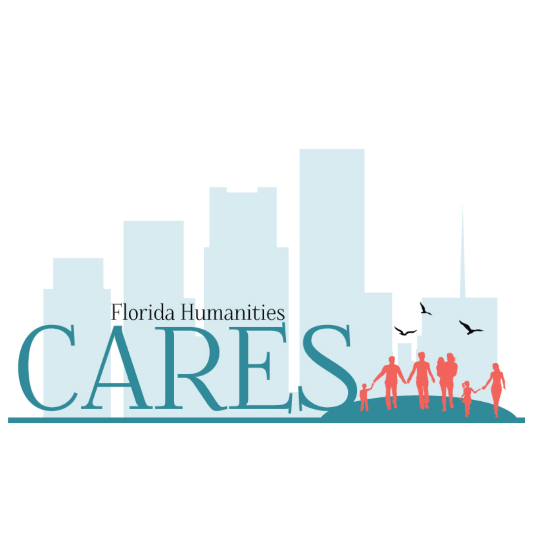 Florida Humanities Cares Logo Features Family Walking Hand-in-Hand with skyline in background