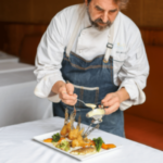 Chef Irv Miller preps lionfish dish, saucing the lionfish dish